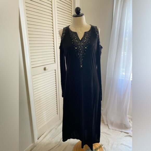 NWT Black Velour Cold Shoulder Maxi Dress With Star Embellishments Size XL - Picture 2 of 9
